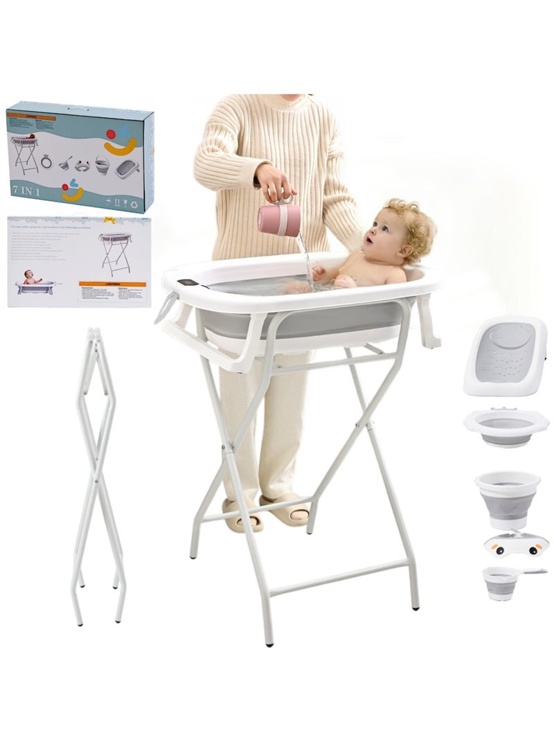 والالا مجموعة حوض استحمام للأطفال قابلة للطي 7 في 1 مع مقياس حرارة، حوض استحمام قابل للطي للأطفال من حديثي الولادة إلى الأطفال الصغار، مجموعة استحمام محمولة مع غطاء شامبو، مغرفة، دلو، رف استحمام، حوض غسيل، حوض استحمام، حامل حوض الاستحمام، جميع مستلزمات استحمام الطفل في مجموعة واحدة - Image 1